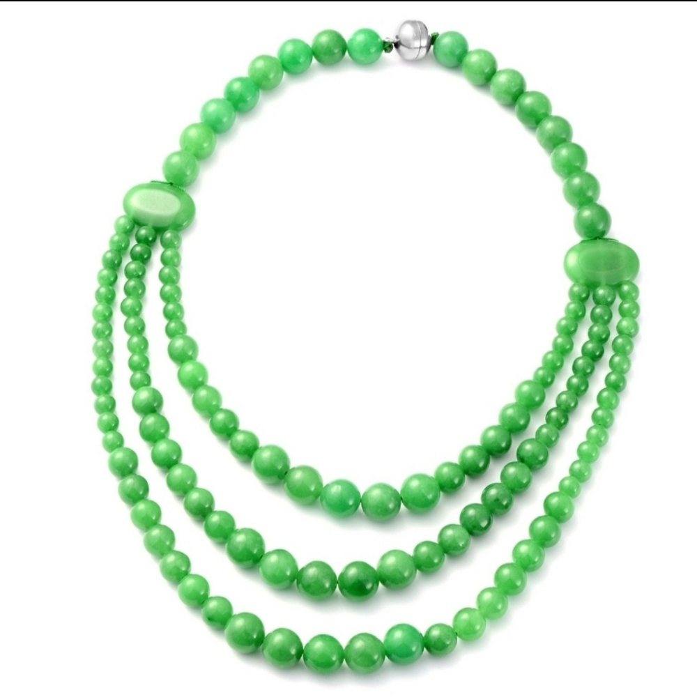 628 CTW Green Jade Beaded Triple-Row Necklace Sterling Silver